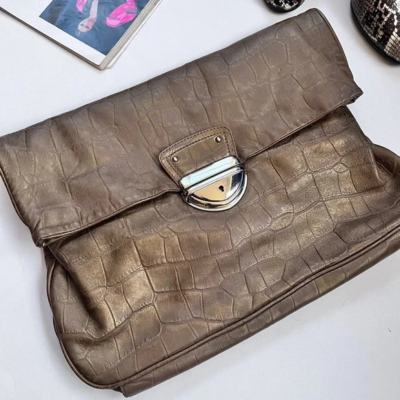Vintage Y2K Cynthia Rowley Embossed Bronze Leather Fold Over Buckle Clutch - Picture 1 of 14
